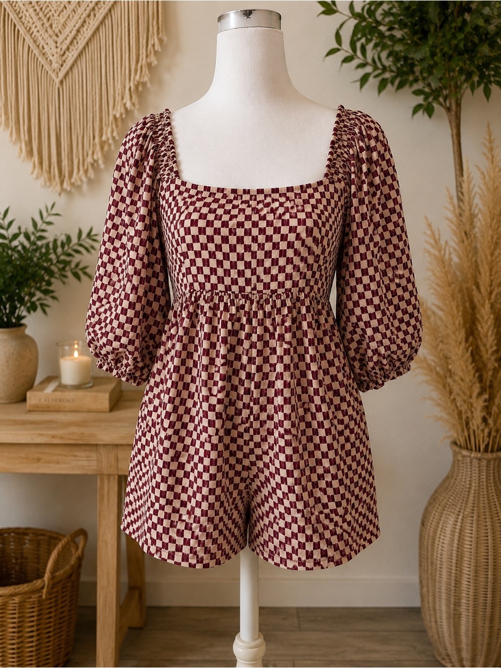 Abercrombie & Fitch Burgundy and Cream Checkered Romper XSP